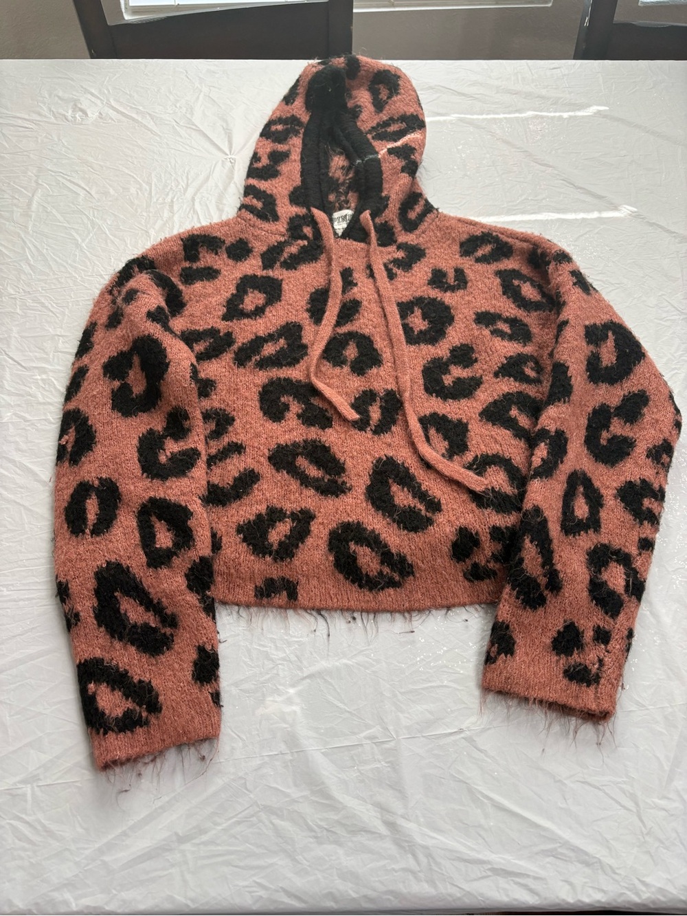 VS Pink Cozy Fuzzy Leopard Print Hoodie - Rust & Black